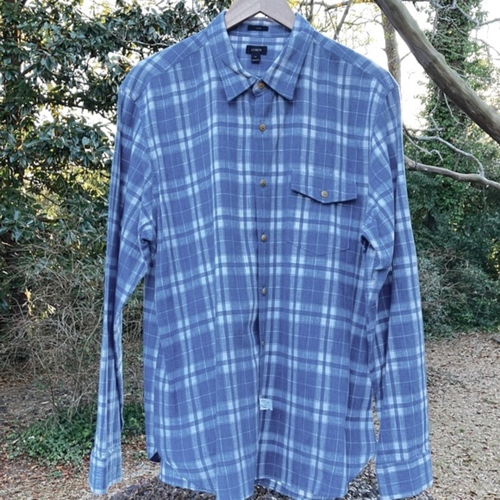 J Crew Shirt Button Down Blue and White Plaid Long Sleeve Cotton Woven - Picture 4 of 11
